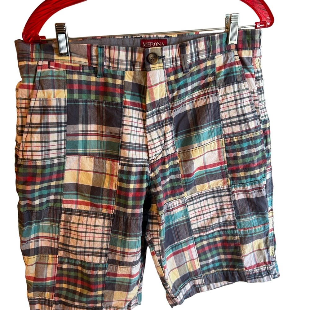 Women Blue Patchwork Madras Shorts 34 Cotton Pockets Zipup Button